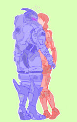 Rule 34 | alien, blush, commander shepard, commander shepard (female), couple, garrus vakarian, highres, kiss, mass effect (series), simple background, tumblr, turian, zellemojo
