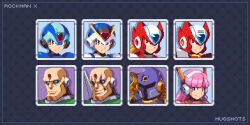 Rule 34 | 1girl, android, armor, bald, blonde hair, blue eyes, copyright name, english text, first armor x (mega man), forehead jewel, green eyes, helmet, highres, long hair, looking at viewer, mega man (character), mega man (series), mega man x1, mega man x (series), multiple boys, navigator (mega man), nghtmrsrph, no humans, pink hair, pixel art, robot, robot ears, shoulder cannon, sigma (mega man), smile, teeth, upper body, vile (mega man), x (mega man), zero (mega man)