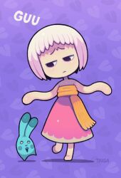 1girl animal animal_ears artist_name black_eyes bob_cut character_name dress full_body furrowed_brow guu_(jungle_wa_itsumo) head_tilt highres jungle_wa_itsumo_hare_nochi_guu kayama_taiga leaf leaf_background light_frown looking_at_animal noodle_arms orange_sash orange_scarf pink_dress pink_hair pokute purple_background red_dress scarf shadow short_hair solo standing standing_on_one_leg tentacles white_hair