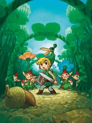 6+boys absurdres acorn belt blonde_hair blue_flower blue_sky brown_belt day ezlo flower green_headwear green_tunic highres holding holding_sword holding_weapon link minish multiple_boys nintendo official_art open_mouth orange_flower outdoors pointy_ears red_headwear shield short_hair sky sword the_legend_of_zelda the_legend_of_zelda:_the_minish_cap third-party_source toon_link tunic weapon