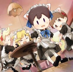 4boys alternate_costume animal_crossing animal_ears apron black_shoes blonde_hair bow brown_eyes brown_hair cat_ears chibi closed_eyes clothes_lift crossdressing dress embarrassed enmaided happy indoors link looking_at_viewer lucas_(mother_3) maid maid_apron maid_headdress male_focus mother_(series) mother_2 mother_3 multiple_boys myuu1995 ness_(mother_2) nintendo open_mouth purple_eyes shoes sitting skirt skirt_lift socks super_smash_bros. sweatdrop table the_legend_of_zelda the_legend_of_zelda:_the_wind_waker toon_link villager_(animal_crossing) white_socks