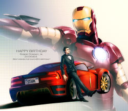 Rule 34 | 1boy, animification, armor, bad id, bad pixiv id, car, english text, ferrari, happy birthday, iron man, marvel, mecha, motor vehicle, power armor, realistic, robert downey jr., robot, rokuro (ryvius), science fiction, tony stark, tuxedo