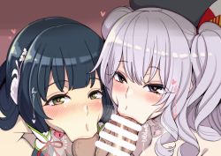 Rule 34 | 10s, 1boy, 2girls, :&gt;=, beret, black hair, blush, breasts, censored, cleavage, cooperative fellatio, fellatio, green eyes, hanauna, hat, heart, heart-shaped pupils, heart lock (kantai collection), hetero, kantai collection, kashima (kancolle), long hair, looking at viewer, mizuho (kancolle), multiple girls, oral, penis, pov, silver hair, symbol-shaped pupils, teamwork, teamwork (sexual), testicle sucking, testicles, twintails