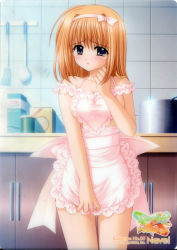 Rule 34 | 00s, 1girl, ahoge, apron, apron pull, apron tug, bare shoulders, blue eyes, blush, bow, breasts, clenched hand, clothes pull, collarbone, company name, cooking pot, copyright name, cowboy shot, embarrassed, female focus, flying sweatdrops, fuyou kaede, hair bow, hairband, hand up, heart apron, highres, indoors, kitchen, lace, lace-trimmed apron, lace trim, ladle, legs together, logo, looking at viewer, medium breasts, naked apron, nishimata aoi, no bra, off shoulder, official art, omegavision, orange hair, parted lips, pink apron, pink bow, raised eyebrows, really? really!, scan, shuffle!, sideboob, solo, spatula, standing, tears, thigh gap, tile wall, tiles