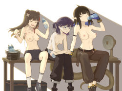 3girls ahoge andreana_(arknights) animal_ears arknights arm_strap arm_support arms_on_knees belt bench black_gloves black_shoes black_shorts blue_hair bottle breasts breasts_apart brown_hair brown_pants choppy_bangs clenched_hand closed_eyes collarbone colored_inner_hair drinking electric_fan eunectes_(arknights) fang feet_out_of_frame floating_hair glasses gloves hair_ribbon half_updo hand_up hands_up happy headphones headphones_on_animal_ears highres holding holding_bottle ice_bucket large_breasts leaning_forward linea_alba long_hair medium_breasts medium_hair multicolored_hair multiple_girls navel nipples open_mouth pants parted_lips pointy_ears purple_hair red_hair ribbon round_eyewear shadow shoes shorts simple_background sitting skin_fang small_breasts smile snake_girl snake_tail socks streaked_hair tail topless_female water_bottle white_background white_ribbon white_socks yellow_ribbon zhadao_lza zima_(arknights)