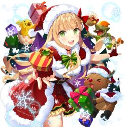 1girl animal baby_animal bare_arms bird blonde_hair blunt_bangs box breasts chick fingerless_gloves frilled_skirt frills gift gift_box gloves goblin green_eyes hair_ribbon hat lina_princella long_hair open_mouth piyokichi_(uchihime) red_gloves red_ribbon red_skirt reindeer ribbon salt_(salty) santa_costume santa_hat skirt uchi_no_hime-sama_ga_ichiban_kawaii very_long_hair