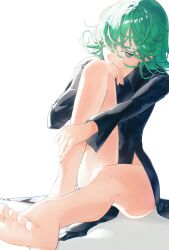 1girl barefoot black_dress curly_hair dress green_eyes grey_hair highres long_sleeves looking_at_viewer mono_(lovenedesiko) one-punch_man pelvic_curtain short_hair simple_background solo tatsumaki thighs white_background