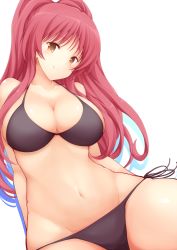 Rule 34 | 1girl, bare arms, bare shoulders, bikini, black bikini, blush, breasts, brown eyes, cleavage, closed mouth, collarbone, commentary request, female focus, from below, groin, head tilt, jam (jam0601), kousaka tamaki, large breasts, long hair, looking at viewer, lowleg, lowleg bikini, navel, red hair, shadow, shiny skin, side-tie bikini bottom, simple background, smile, solo, stomach, swimsuit, thick thighs, thighs, to heart (series), to heart 2, twintails, white background
