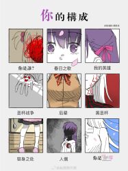 1girl aged_down arm_tattoo character_name chart chinese_commentary chinese_text command_spell commentary_request constricted_pupils dark_persona dark_sakura faceless faceless_female fate/stay_night fate/zero fate_(series) grey_background hair_bobbles hair_ornament hair_ribbon heaven&#039;s_feel highres homurabara_academy_school_uniform matou_sakura multiple_views official_alternate_hair_color partially_colored pink_petals pink_ribbon purple_eyes purple_hair ribbon school_uniform simple_background simplified_chinese_text split_theme tattoo tohsaka_sakura traditional_chinese_text translation_request watermark weibo_watermark white_hair yubaibaikaibai
