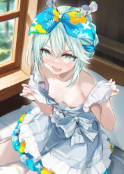 1girl blue_hair breasts commentary_request dress fate/grand_order fate_(series) frilled_dress frills green_eyes highres hitsujibane_shinobu louhi_(fate) nipples open_mouth sharp_teeth short_hair sitting small_breasts solo teeth upper_teeth_only