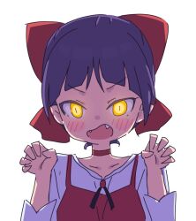 1girl blush bow broiler choker claw_pose dress fang gegege_no_kitarou looking_at_viewer nekomusume nekomusume_(gegege_no_kitarou_6) open_mouth purple_hair red_bow short_hair sketch solo upper_body yellow_eyes