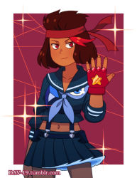 1girl colored_skin cosplay cowboy_shot dav-19 female_focus gloves headband kill_la_kill matoi_ryuuko matoi_ryuuko_(cosplay) midriff mullet pantyhose red_skin ruby_(steven_universe) sapphire_(steven_universe) school_uniform senketsu serafuku short_hair solo steven_universe suspenders