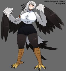 Rule 34 | 1girl, artist name, bird, bird legs, bird tail, black feathers, black skirt, black wings, braid, breasts, commentary, dragonith, english commentary, feather hair, feathered wings, feathers, glasses, grey background, grey hair, harpy, highres, huge breasts, long hair, monster girl, office lady, original, red-framed eyewear, secretarybird, semi-rimless eyewear, shirt, side braid, single braid, skirt, solo, tail, talons, two-tone tail, two-tone wings, under-rim eyewear, white feathers, white shirt, winged arms, wings, yellow eyes