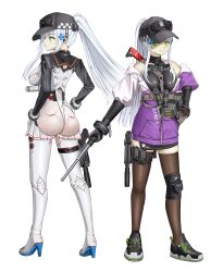 1girl absurdres akachi ass baseball_cap baton_(weapon) black_bodysuit black_hat black_shoes black_thighhighs blue_nails bodysuit breasts closed_mouth commentary covered_navel cross_hair_ornament earpiece english_commentary expandable_baton girls&#039;_frontline girls&#039;_frontline_2:_exilium green_eyes gun hair_ornament hand_on_own_hip handgun hat high_heels highres hk416_(girls&#039;_frontline) holding_baton_(weapon) holstered jacket klukai_(girls&#039;_frontline_2) klukai_(speed_star)_(girls&#039;_frontline_2) long_hair magazine_(weapon) multicolored_jacket multiple_views partially_unzipped ponytail purple_jacket shoes sidelocks single_thighhigh skindentation smile sneakers standing suppressor tattoo teardrop_facial_mark teardrop_tattoo thighhighs two-tone_bodysuit two-tone_jacket weapon white_bodysuit white_hair white_jacket