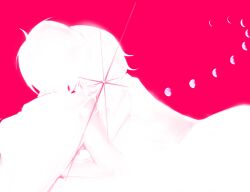 1boy 1girl abstract bathtub_voyager highres kiss leaning_forward leaning_on_person moon moon_cycle persona persona_3 pink_background pixels takeba_yukari valentine white_hair yuuki_makoto_(persona_3)