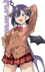 Rule 34 | 1girl, arm up, as buppa, bow, bowtie, brown vest, commentary request, cowboy shot, demon girl, demon horns, demon wings, gabriel dropout, highres, horns, miniskirt, open mouth, pleated skirt, polearm, purple eyes, purple hair, red bow, red bowtie, red skirt, school uniform, short hair, simple background, skirt, solo, teeth, thighs, trident, upper teeth only, vest, vignette tsukinose april, weapon, white background, wings