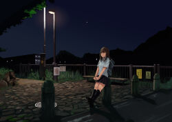 1girl aquoo bag bollard brown_hair building cobblestone commentary_request fence grass lamppost leaning_on_object manhole mountainous_horizon night night_sky original outdoors pleated_skirt polo_shirt scenery school_bag sign skirt sky solo