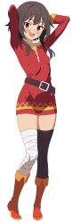 Rule 34 | 1girl, absurdres, arms up, asymmetrical legwear, bandaged leg, bandages, belt, black belt, blush, boots, breasts, brown hair, dress, frixtied, hair between eyes, highres, kono subarashii sekai ni bakuen wo!, kono subarashii sekai ni shukufuku wo!, looking at viewer, megumin, mismatched legwear, off-shoulder dress, off shoulder, open mouth, red dress, red eyes, short dress, short hair with long locks, sidelocks, simple background, single thighhigh, small breasts, smile, solo, thighhighs, white background, zettai ryouiki