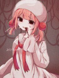 1girl :d @_@ arm_at_side artist_name blood blood_on_clothes blood_on_face bloody_knife bow bowtie breasts brown_eyes center-flap_bangs chromatic_aberration double-parted_bangs dress empty_eyes film_grain grey_background hair_between_eyes hair_ornament hand_up hat heart highres holding holding_knife jelly_fish_65 knife long_sleeves looking_at_viewer low_twintails medium_hair noose open_mouth raised_inner_eyebrows red_bow red_bowtie sailor_collar simple_background sleeves_past_fingers sleeves_past_wrists small_breasts smile solo sweat tougenkyou_de_kyuusai_wo twintails upper_body white_dress white_hat white_sailor_collar