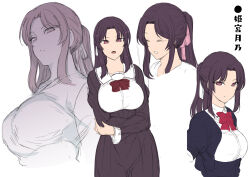 1girl aiue_oka black_dress bow bowtie commentary_request concept_art dress greyscale highres himemiya_tsukino long_hair long_sleeves looking_at_viewer monochrome multiple_views official_art open_mouth pink_ribbon pleated_skirt ponytail purple_dress red_bow red_bowtie ribbon sailor_collar saimin_gakushuu school_uniform serafuku shirt sidelocks skirt solo translation_request white_ribbon white_shirt