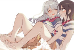 2girls bang_dream! barefoot between_legs blue_eyes blue_hair blue_shirt blush brown_hair brown_shorts closed_eyes commentary_request highres long_hair looking_at_another matsubara_kanon multiple_girls okusawa_misaki open_mouth opi parted_lips red_sailor_collar sailor_collar shirt short_sleeves shorts simple_background striped_clothes striped_shirt tears toes water white_background white_shirt yuri