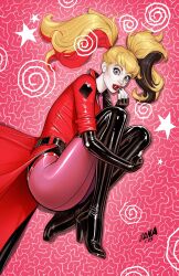 Rule 34 | 1girl, abstract background, alternate costume, batman (series), black boots, black gloves, black hair, blonde hair, blue eyes, boots, colored skin, david nakayama, dc comics, elbow gloves, fingerless gloves, gloves, harley quinn, heart on cheek, high heel boots, high heels, highres, long hair, multicolored hair, red hair, red lips, red nails, solo, thigh boots, twintails, white skin