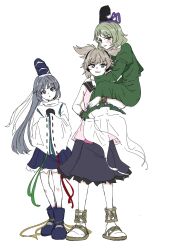 Rule 34 | 3girls, black skirt, blonde hair, blush, boots, bracelet, carrying, carrying person, child carry, dress, earmuffs, frilled sleeves, frills, ghost tail, green dress, green eyes, green hair, grey hair, hands in opposite sleeves, hat, highres, japanese clothes, jewelry, kariginu, long hair, long sleeves, looking at viewer, majime na gakuinsei, mononobe no futo, multiple girls, ofuda, ofuda on clothes, open mouth, pink shirt, pointy hair, pom pom (clothes), ponytail, purple boots, purple skirt, ribbon-trimmed sleeves, ribbon trim, sandals, shirt, simple background, skirt, smile, socks, soga no tojiko, sweatdrop, tate eboshi, touhou, toyosatomimi no miko, very long hair, white background, white socks, wide sleeves, yellow eyes