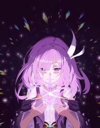 1girl blue_eyes calkunart coat commentary cyrene_(honkai:_star_rail) dress hair_ornament highres honkai:_star_rail honkai_(series) infinity_symbol jewelry medium_hair multicolored_hair necklace pink_hair pink_pupils purple_coat smile solo two-tone_hair upper_body white_dress white_hair
