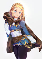 1girl absurdres belt belt_pouch black_gloves black_pants blonde_hair blue_eyes blue_shirt braid breasts brown_cape cape closed_mouth commentary_request cowboy_shot crown_braid fingerless_gloves gloves grey_background hair_ornament hairclip highres holding_hood hood hood_down hooded_cape long_sleeves looking_at_viewer nintendo pants parted_bangs pointy_ears pouch princess_zelda shirt short_hair simple_background solo standing the_legend_of_zelda the_legend_of_zelda:_breath_of_the_wild turn_zhuan yellow_belt