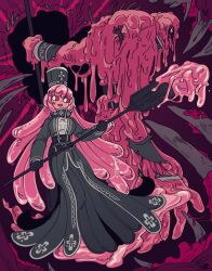 1girl black_gloves breasts charon_(project_moon) charon_(project_moon)_(cosplay) colored_sclera colored_skin cosplay dress force_(4sk_force) full_body gloves grey_dress holding holding_oar large_breasts limbus_company lobotomy_corporation long_hair melting_love monster monster_girl oar open_mouth pink_hair pink_sclera pink_skin project_moon sidelocks slime_(substance) slime_girl smile solo teeth very_long_hair white_eyes