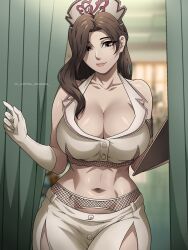 breasts brown_eyes brown_hair capital_release commission cowboy_shot dead_or_alive dead_or_alive_xtreme dead_or_alive_xtreme_venus_vacation gloves hat highres infirmary large_breasts light_smile midriff mole mole_under_eye multiple_moles nurse nurse_cap reddit_username sayuri_(doa) variant_set