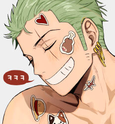 1boy blush calico_cat cat closed_eyes colored_speech_bubble commentary_request earrings green_hair grin hat highres jewelry jjerri00 korean_commentary male_focus multiple_earrings nude one_piece piercing roronoa_zoro scar scar_across_eye scar_on_face short_hair sideburns simple_background smile solo speech_bubble sticker sticker_on_face sticker_on_shoulder straw_hat teeth upper_body very_short_hair white_background