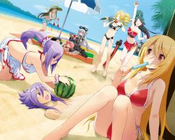 1boy 6+girls beach bent_over bikini blindfold blonde_hair blush breasts cleavage cosmic_break crimrose day drill_hair closed_eyes food fruit gothic_lolita hair_ornament hair_ribbon hat highres jikun_hu jikun_long katana large_breasts lolita_fashion long_hair mecha_musume midriff misty_hollow multiple_girls navel open_mouth ouka_(cosmic_break) ouka_tayu panties pimp ponytail popsicle purple_hair red_eyes ribbon shorts side-tie_bikini_bottom silver_hair sitting sleeping suikawari swimsuit sword thoarla_nimbus thong umbrella underwear wakaba_sprout watermelon weapon winberrl