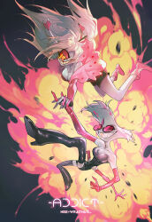 Rule 34 | 1boy, angel dust, boots, cherri bomb, cyclops, demon boy, demon girl, explosion, glasses, hazbin hotel, highres, leather, leather boots, leather dress, long hair, looking at another, one-eyed, pink eyes, pink hair, round eyewear, star-shaped eyewear, star (symbol), thigh boots, wraith615