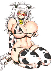 1girl ahoge alternate_costume animal_ears animal_print bell bikini biwa_hayahide_(umamusume) black_choker blush breasts choker closed_mouth commentary_request cow_print cow_print_bikini cow_print_gloves cow_print_thighhighs cowbell ears_down elbow_gloves fake_horns fingerless_gloves frown gloves grabbing_own_breast grey_hair highres horns horse_ears horse_girl horse_tail long_hair minew muscular muscular_female navel neck_bell on_ground print_bikini print_gloves print_thighhighs red-framed_eyewear seiza semi-rimless_eyewear shoes simple_background sitting solo stomach swimsuit tail thighhighs umamusume under-rim_eyewear very_long_hair white_background yellow_eyes