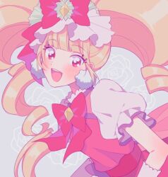 Rule 34 | 1girl, aisaki emiru, big hair, blonde hair, blunt bangs, blush, bow, bowtie, collared dress, corset, cowboy shot, cure macherie, diamond brooch, dress, drill hair, earrings, floral background, flower, frilled dress, frilled headwear, frilled sleeves, frills, gloves, grey background, happy, hat, hat bow, hugtto! precure, jewelry, large earrings, leaning forward, long hair, makeup, mascara, mini hat, nachuchoco, open mouth, pom pom (clothes), pom pom earrings, precure, puffy short sleeves, puffy sleeves, red bow, red bowtie, red corset, red dress, red eyes, rose, short sleeves, smile, solo, teeth, tsurime, twin drills, twintails, upper teeth only, very long hair, white gloves, white hat, white sleeves, yellow brooch