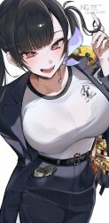 1girl absurdres artist_name black_choker black_hair blush bra_visible_through_clothes breasts choker contraband english_text goddess_of_victory:_nikke heart heart-shaped_pupils highres ichigo_choco46 jacket jewelry large_breasts long_hair looking_at_viewer open_clothes open_jacket open_mouth red_eyes see-through_clothes see-through_shirt shirt simple_background skirt smile solo sora_(nikke) symbol-shaped_pupils twintails twirling_hair twitter_username watermark white_background white_shirt