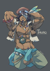 1boy abs anntee armband armpit_hair armpits arms_behind_head artist_name bara brown_vest character_name commentary cross_scar dark-skinned_male dark_skin english_commentary facial_hair goatee goggles goggles_on_headwear grey_background hair_over_eyes hat_feather highres male_focus multicolored_hair muscular muscular_male nintendo open_clothes open_vest pectorals red_armband scar scar_on_arm smile sweat tauro_(totk) the_legend_of_zelda the_legend_of_zelda:_tears_of_the_kingdom vest