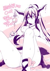 1girl antenna_hair bare_shoulders bikini black_hair bow breasts danua danua_(summer)_(granblue_fantasy) draph granblue_fantasy horn_ornament horns jewelry large_breasts layered_bikini long_hair mizuno_sao monochrome necklace pointy_ears sarong sitting swim_ring swimsuit white_bikini