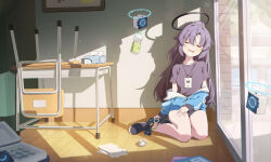 1girl absurdres black_halo blue_archive bottle chair closed_eyes desk drooling gym_uniform halo highres id_card jacket jacket_partially_removed mechanical_halo official_alternate_costume official_alternate_hairstyle ponytail purple_hair robot school_chair school_desk shadow sleeping solo track_jacket uefw8437 water_bottle yuuka_(blue_archive) yuuka_(track)_(blue_archive)