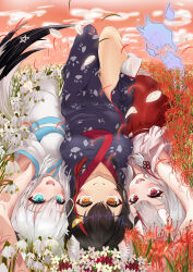 3girls absurdres ahoge animal_ear_fluff animal_ears black_hair braid commentary_request earrings flower_bed fox_ears fox_girl fox_tail green_eyes hair_between_eyes highres hololive horns japanese_clothes jewelry kimono long_hair looking_at_viewer lying multicolored_hair multiple_girls nakiri_ayame on_back ookami_mio open_mouth red_eyes red_hair shirakami_fubuki sidelocks single_braid smile streaked_hair tail user_mfxx2383 virtual_youtuber white_hair wolf_ears wolf_girl yellow_eyes