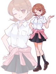1girl black_skirt black_socks blush brown_eyes brown_hair brown_shoes cardigan cardigan_around_waist choker clothes_around_waist collared_shirt commentary earrings flipped_hair full_body gekkoukan_high_school_uniform hand_up heart heart_choker highres imochigogogo jewelry kneehighs looking_at_viewer miniskirt one_eye_closed persona persona_3 pink_cardigan pleated_skirt school_uniform shirt shoes short_hair short_sleeves skirt socks solo standing stud_earrings summer_uniform symbol-only_commentary takeba_yukari white_choker white_shirt