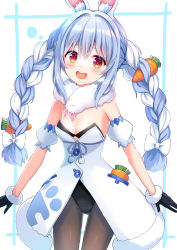 1girl :d animal_ear_fluff animal_ears black_gloves black_leotard blue_hair blush bow braid breasts brown_pantyhose carrot_hair_ornament commentary_request detached_sleeves don-chan_(usada_pekora) dress food-themed_hair_ornament fur-trimmed_gloves fur_trim gloves hair_between_eyes hair_bow hair_ornament hololive kaie leotard long_hair looking_at_viewer multicolored_hair open_mouth pantyhose puffy_short_sleeves puffy_sleeves rabbit_ears red_eyes short_eyebrows short_sleeves small_breasts smile strapless strapless_dress strapless_leotard teeth thick_eyebrows twin_braids twintails two-tone_hair upper_teeth_only usada_pekora usada_pekora_(1st_costume) very_long_hair virtual_youtuber white_background white_bow white_dress white_hair white_sleeves