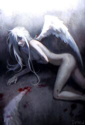 Rule 34 | 1other, angel, arm under breasts, black eyes, blood, blood on ground, blood on mouth, completely nude, convenient censoring, feathered wings, hair over one eye, haze, highres, injury, kneeling, leaning on self, long hair, looking at viewer, nude, original, severed wing, solo, squalid114617, very long hair, white hair, white wings, wings