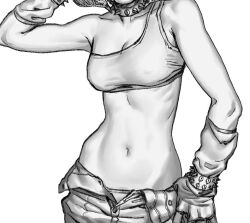 Rule 34 | 1girl, abs, bracelet, breasts, choker, collarbone, commentary, english commentary, goopskully, greyscale, head out of frame, jewelry, monochrome, navel, open fly, original, panties, pants, panty peek, simple background, solo, spiked bracelet, spiked choker, spikes, stomach focus, underwear