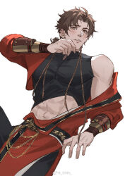 1boy abs arm_support black_pants black_sash black_undershirt braid brown_eyes brown_hair chain chinese_clothes chinese_commentary code:_kite earrings gold_chain hanfu highres jewelry kkknnnn long_hair long_sleeves looking_at_viewer male_focus multiple_braids muscular muscular_male open_mouth pants red_hanfu sash simple_background solo sun_ce_(code:_kite) watermark weibo_watermark white_background
