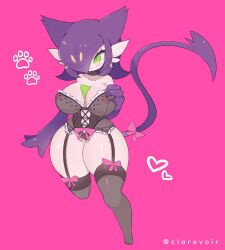 1girl absurdres aliceyawnin black_thighhighs bow breasts cameltoe cleavage clothed_pokemon colored_skin cosplay covered_erect_nipples fusion gardevoir garter_straps gen_3_pokemon gen_5_pokemon green_eyes highres large_breasts liepard liepard_(cosplay) lingerie multicolored_skin nintendo nipples panties paw_print pink_background pink_bow pokemon pokemon_(creature) purple_hair purple_skin see-through_clothes simple_background smile tagme tail thighhighs two-tone_skin underwear white_skin