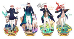 4boys ahoge animal animal_ears axis_powers_hetalia beak belt bird black_bow black_bowtie black_hair black_necktie black_shoes blonde_hair blue_coat blue_flower blue_jacket book bow bowtie brown_eyes brown_gloves brown_shoes brown_vest buttons cake cake_slice character_name closed_mouth coat collared_shirt commentary_request creature cup cupcake dragon dragon_tail dragon_wings elizabeth_tower emblem european_architecture feathered_wings flower food full_body gloves grass green_eyes grey_shirt hair_between_eyes hand_up hands_up highres himaruya_hidekazu holding holding_book holding_flower holding_plate holding_wand horns horse horse_ears horse_tail huge_ahoge jacket lapels long_sleeves looking_at_animal looking_at_viewer male_focus multiple_boys necktie northern_ireland_(hetalia) official_art one_eye_closed open_book open_clothes open_coat open_mouth open_vest owl pants pink_sweater_vest plate purple_flower purple_shirt rabbit_ears red_flower red_hair red_necktie red_rose road rose scotland_(hetalia) shadow shirt shoes short_hair single_horn smile standing sweater_vest tail tea teeth two-sided_coat two-sided_fabric unicorn united_kingdom_(hetalia) v-shaped_eyebrows vest wales_(hetalia) wand white_belt white_pants wings yellow_flower