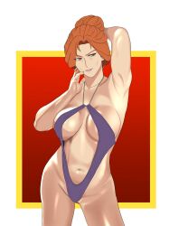 1girl absurdres armpits border breasts brown_eyes brown_hair cowboy_shot gundam gundam_gquuuuuux highres kycilia_zabi large_breasts lips mature_female navel red_background simple_background slingshot_swimsuit smile solo swimsuit tsu.toxine white_border
