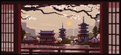 animated animated_gif cherry_blossoms day lake lennsan mountainous_horizon no_humans original outdoors pagoda pixel_art reflection reflective_water scenery sunrise tree water waterfall